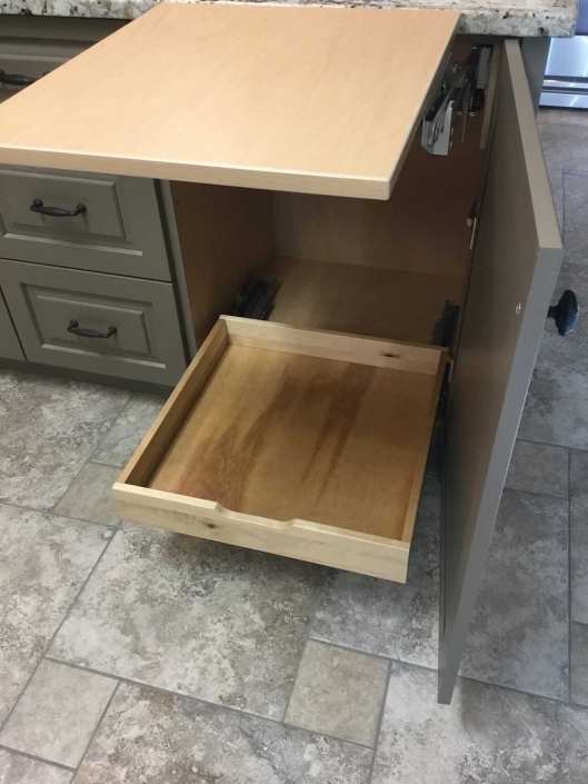Custom kitchen cabinet pull up cutting board and slide out tray